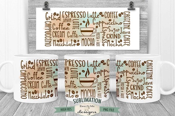 Coffee Subway Sublimation Mug Design - Coffee Words Subway Design - Printable 11 oz. and 15 oz. Mug Sublimation Wrap PNG