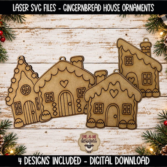 Gingerbread House Ornaments - 4 Laser Ready SVG Files - Christmas Cut and Engrave Designs