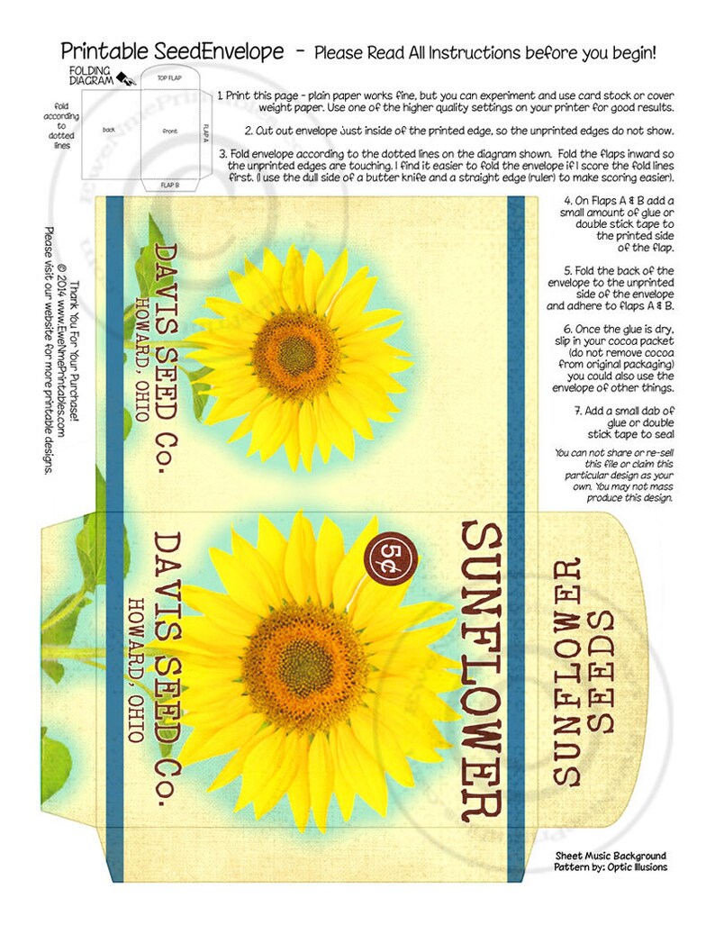 Sunflower Seed Packet Printable Primitive Vintage Sunflower Envelope Digital PDF and/or JPG File image 2