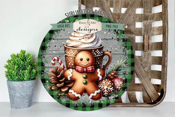 Gingerbread Round Sublimation Design | Green Buffalo Plaid Snowman | Gingerbread and Cocoa Sublimation Design