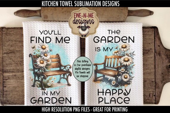 Garden Benches Kitchen Towel Sublimation Design -  Garden Bench with Daisy - Daisy Flowers Garden Bench - Spring Bench PNG