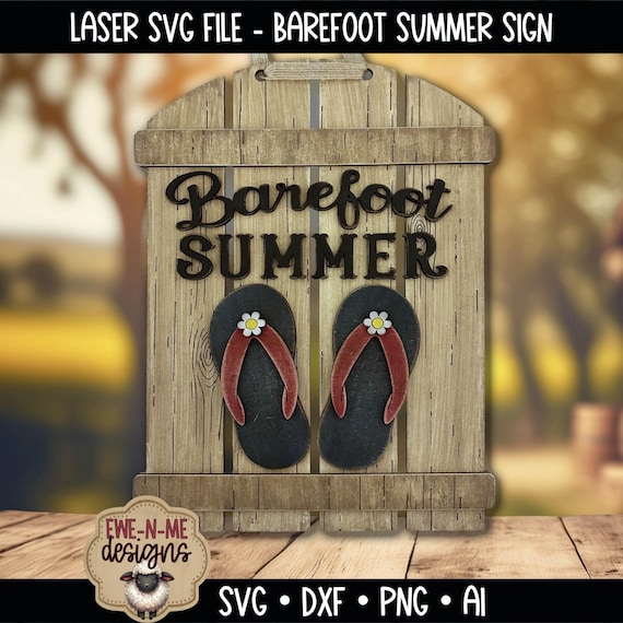 Flip Flop Door Hanger Laser Cut File - Barefoot Summer SVG - Rustic Wood Sign Design