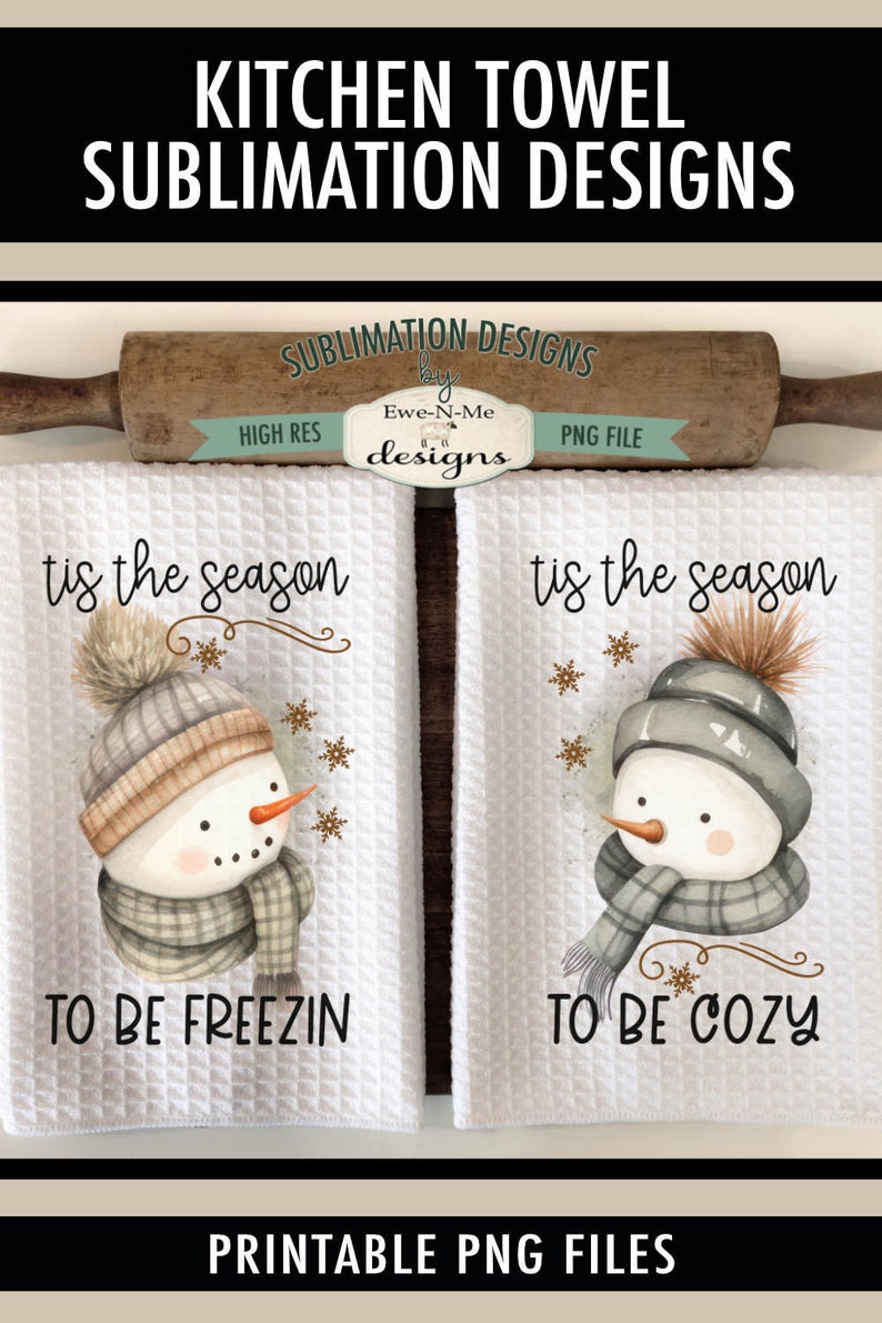 Pode incluir: Duas toalhas de cozinha brancas com um desenho de boneco de neve em aquarela. As toalhas apresentam o texto "tis the season" e as frases "to be freezin" e "to be cozy".