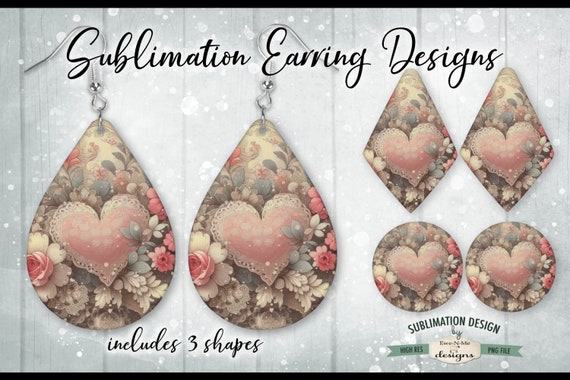 Victorian Valentine Sublimation Earring Designs | 3 PNG Shapes | Victorian Heart Valentine Earring Designs