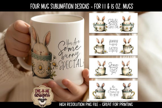 Bunny Ears in Cups Sublimation Mug Bundle | Printable 11 oz. and 15 oz. Mug Sublimation Wrap PNG | Soft Rabbit Ears