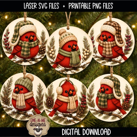 Cardinal Ornament Bundle - Laser SVG Files - Printable PNG Designs - Christmas Sticker Files - Cardinals in Winter Hats - Digital Download