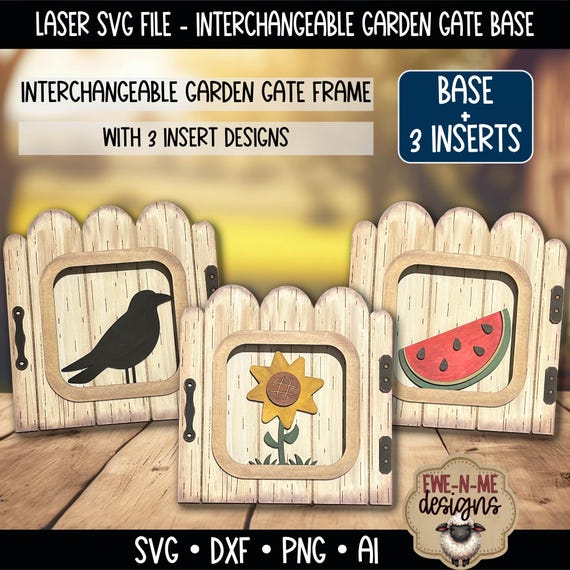 Interchangeable Garden Gate Frame with 3 Slide-In Designs - Crow Watermelon Sunflower -  Shelf Sitter Laser Cut File