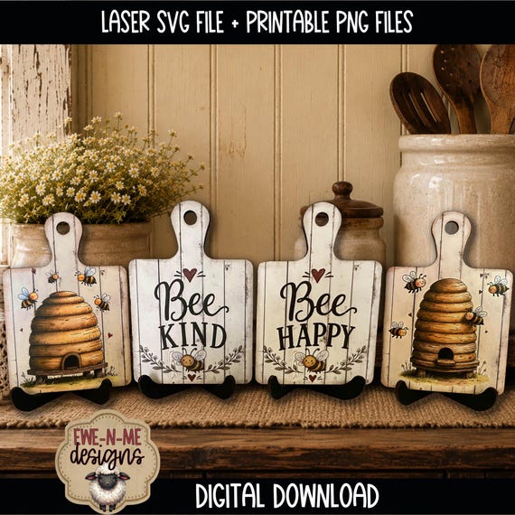 Bee SVG Bundle - Bee Happy & Bee Kind - Printable Cutting Board PNG - Laser SVG Files - Bee Tiered Tray Decor