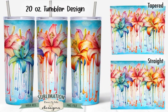 Dripping Watercolor Lillies Tumbler Design | Watercolor Rainbow Lillies Dripping Tumbler Wrap | Colorful Dripping Lily Tumbler PNG