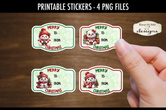 Polar Bear Gift Tag Stickers | 4 Polar Bear PNG Stickers | Print and Cut Polar Bear Gift Tag Stickers