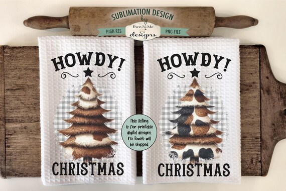 Cow Print Christmas Trees Sublimation Designs - Howdy Christmas - Kitchen Towel Sublimation PNG - Cowhide Christmas Trees