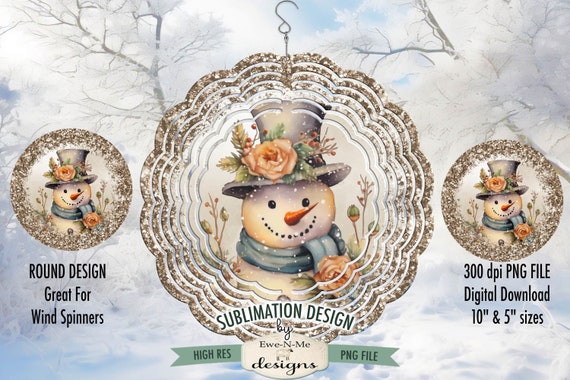 Rustic Snowman with Rose Wind Spinner Sublimation Design | Round Snowman Sublimation Design | Christmas Sublimation Design