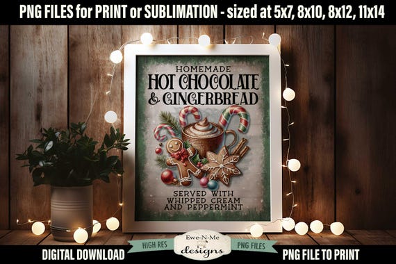 Hot Chocolate Gingerbread Sublimation Design | Vintage Cocoa Cookies Printable  | Old Fashioned Christmas Printable Sublimation Design