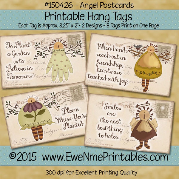 Printable Angel Tags with Vintage Postcard Background - Primitive Style - hang tag or gift tag - Digital Print PDF and/or JPG File