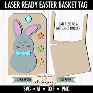 Étiquette lapin de Pâques et porte-cartes - fichier SVG découpé au laser - étiquette de panier de Pâques - porte-cartes cadeau - svg, dxf, ai, png