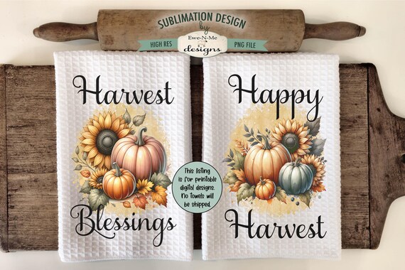 Harvest Pumpkins and Sunflowers Kitchen Towel Sublimation Designs -  Kitchen Towel with Sunflowers and Pumpkins - Harvest Kitchen Designs