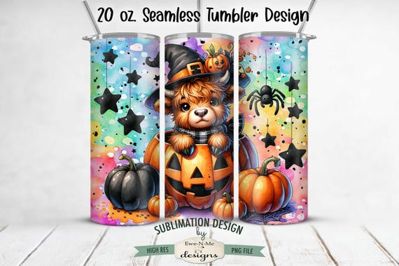 Halloween Highland Cow Jack O Lantern Sublimation Design | Jack O Lantern Highland Cow Tumbler Wrap | 20 oz. Seamless Halloween Tumbler Wrap