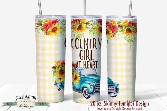 Blue Truck Sunflower Sublimation Design - Country Girl at Heart  - Sublimation 20 oz. Tumbler Straight Tapered