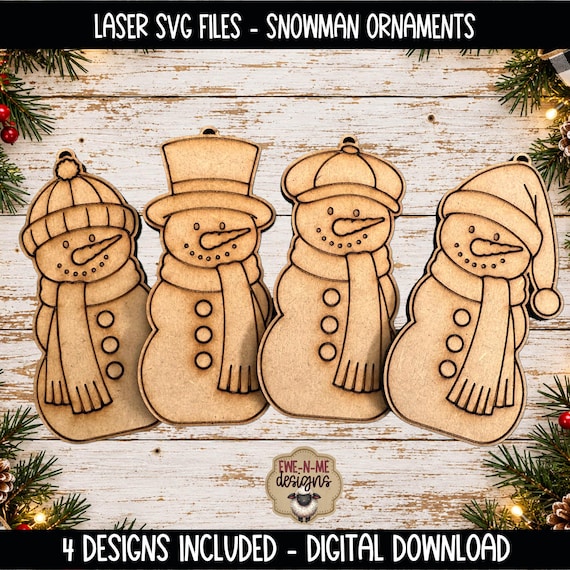 Snowman Ornaments - 4 Laser Ready SVG Files - Christmas Cut and Engrave Designs