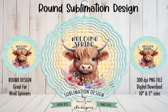 Blue Yellow Highland Cow Wind Spinner Sublimation Design | Spring Highland Sublimation Design | Blue Yellow Highland Door Hanger Design