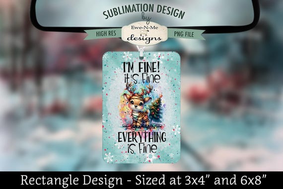 Reindeer Tangled in Lights Rectangle Sublimation Design - Air Freshener Sublimation Design -  Everything Is Fine