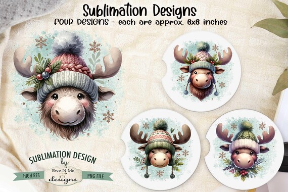 Christmas Moose In Hats Designs - Moose In Winter Hats Designs - Winter Moose - Four PNG Designs for Christmas
