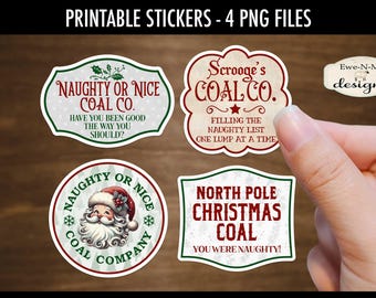 Christmas Coal Gift Tag Stickers | 4 Funny Lump of Coal PNG Stickers | Print and Cut Christmas Coal Stickers