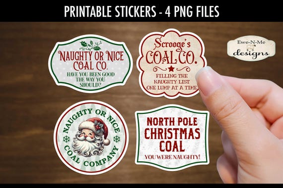 Christmas Coal Gift Tag Stickers | 4 Funny Lump of Coal PNG Stickers | Print and Cut Christmas Coal Stickers