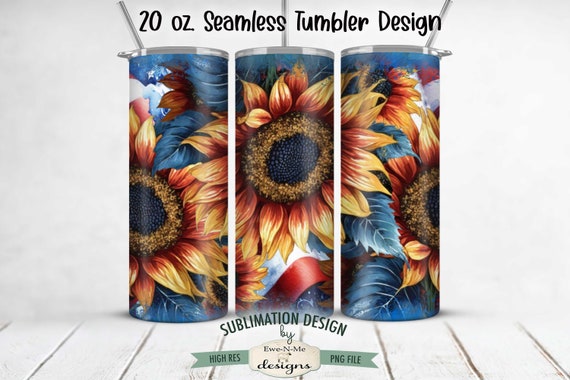 20 oz Patriotic Sunflower Sublimation Tumbler Design | Sunflower and Flags Design for 20 oz. Tumbler | July 4th Sunflower Design