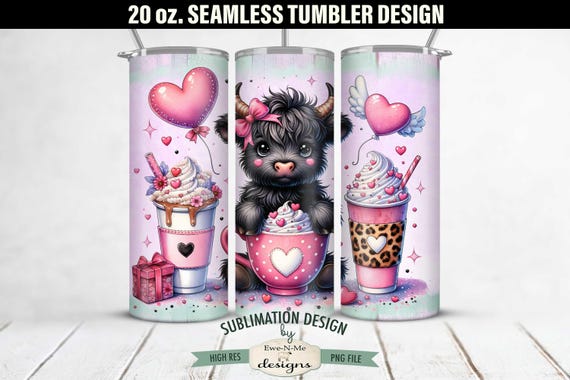 20 oz Valentine Cute Black Highland Cow with Coffee Cups Sublimation Tumbler Design | Seamless Design for 20 oz Tumbler
