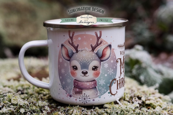 Merry Christmas Retro Reindeer Mug Sublimation Design  | Merry Christmas Reindeer 11 oz. and 15 oz. Mug Sublimation Wrap PNG