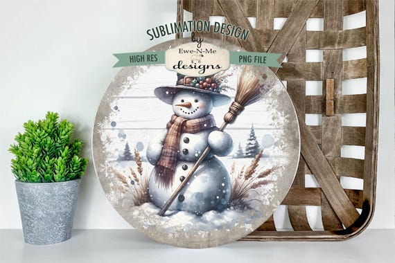 Rustic Snowman with Broom Round Sublimation Design | Rustic Snowman | Vintage Snowman Sublimation Design