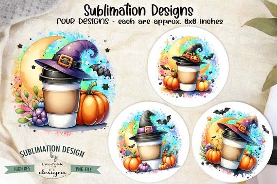 Halloween Coffee Sublimation Designs - Cute Take Out Coffee with a Witch Hat and Pumpkins - Witch Coffee - Four PNG Designs for Coffee Lover