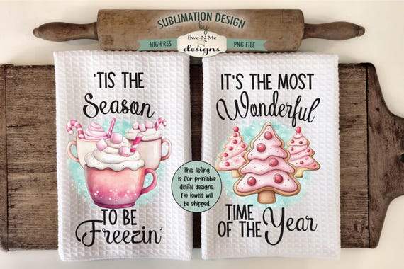 Pink Christmas Cookies and Cocoa Towel Sublimation Designs - Most Wonderful Time Sublimation Designs - Freezin Season Kitchen Towel PNG