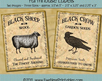 Black Sheep Black Crow Primitive Farmhouse Label Printables - Rustic Style Sepia Tone Labels - Seeds, Wool - Digital PDF or JPG File