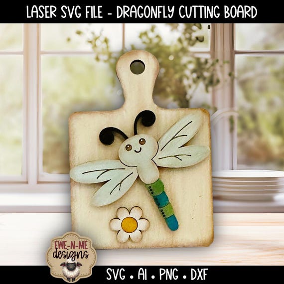 Mini Cutting Board Dragonfly Sign SVG - Dragonfly with Daisy Laser Cut File - Shelf Sitter - Layered Wood Craft Pattern - Digital Download
