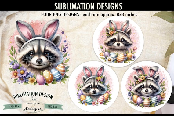 Raccoons with Bunny Ears - Easter Raccoon Designs - Easter Raccoon - Four PNG Designs for Easter or Spring - Raccoon and Easter Eggs