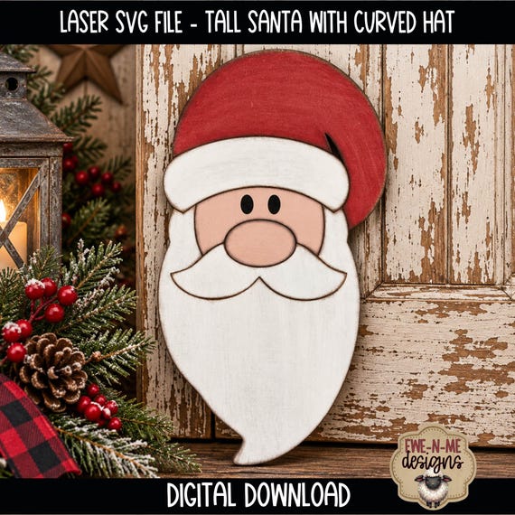 Tall Santa with Curved Hat SVG, Christmas Laser Cut File, Santa Door Hanger SVG, Rustic Wreath Attachment
