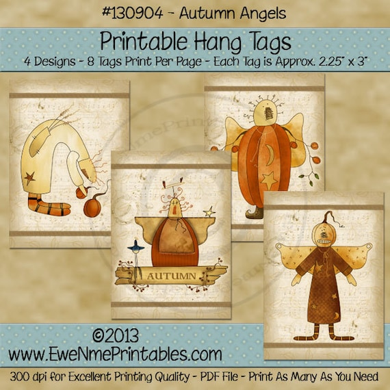 Autumn Harvest Angels Printable Hang Tags - Folk Rustic Farmhouse Style in Fall Colors  - Digital Print PDF and/or JPG File