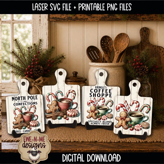 Christmas Cutting Board SVG Bundle - Printable Cutting Board PNG - Laser SVG Files - Gingerbread Coffee & Cocoa Decor