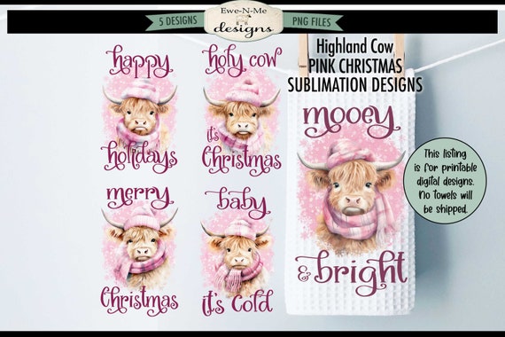 Highland Cows in Pink Hats Kitchen Towel Sublimation Designs - Pink Christmas Towel Sublimation Bundle -  Kitchen Towel Sublimation Design