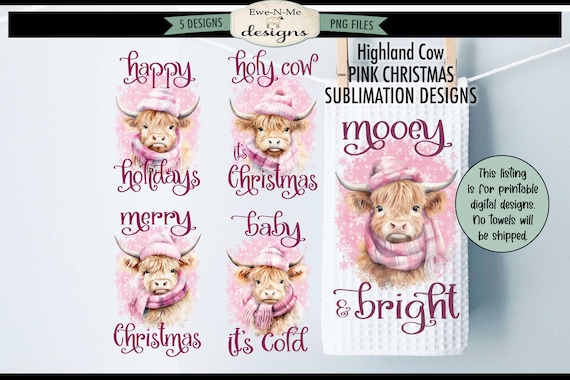 Highland Cows in Pink Hats Kitchen Towel Sublimation Designs - Pink Christmas Towel Sublimation Bundle -  Kitchen Towel Sublimation Design