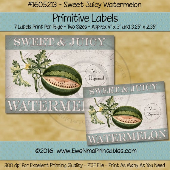 Farmhouse Style Kitchen Decor Primitive Labels -  Printable Rustic Label - Watermelon  - Primitive Country - Printable PDF - JPG File