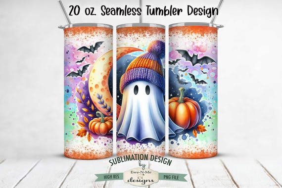 Halloween Ghost With Bats Moon Pumpkins Sublimation Design | Cute Ghost In Witch Hat Tumbler Wrap | 20 oz. Seamless Halloween Tumbler Wrap