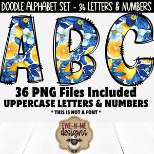 Lemons with Blue Flowers Patterned Doodle Alphabet & Numbers | 36 PNG Files | Individual Letters and Numbers in PNG format