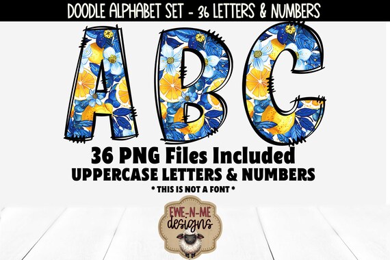 Lemons with Blue Flowers Patterned Doodle Alphabet & Numbers | 36 PNG Files | Individual Letters and Numbers in PNG format