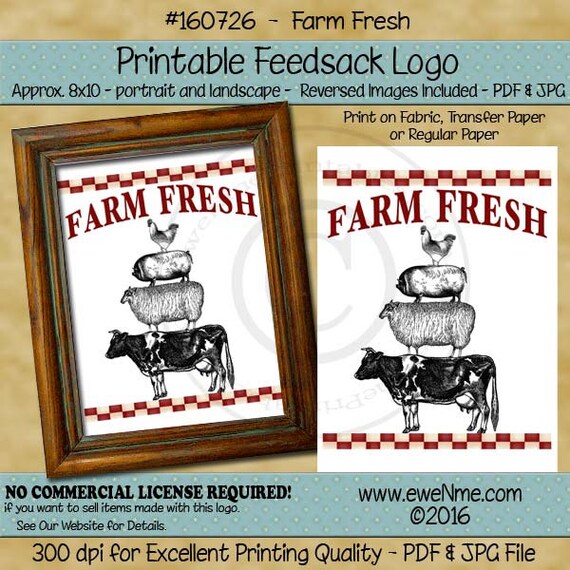 Farm Fresh Stacked Farm Animal Printable Feedsack Logo - Rustic Feed Sack Image - Cow, Sheep, Pig, Chicken, Rooster -  PDF & JPG File