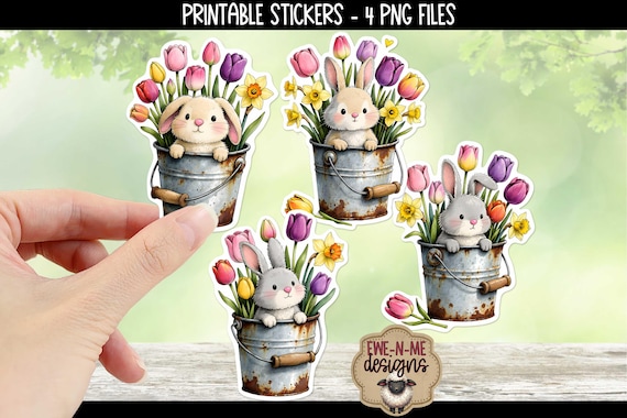 Easter Bunny with Tulips Printable Stickers | Spring Rabbit In Rusty Bucket PNG Print and Cut Images (Digital Download)