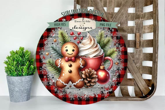 Gingerbread Round Sublimation Design | Red Buffalo Plaid Snowman | Gingerbread and Cocoa Sublimation Design