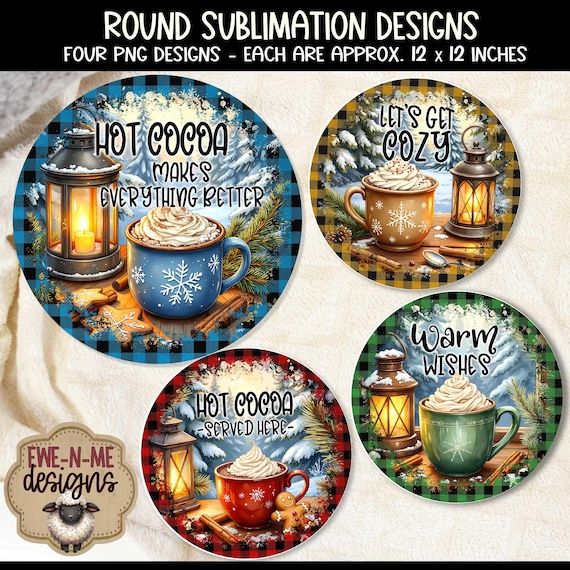 Hot Cocoa Round Sublimation Designs with Buffalo Plaid Borders | 4 Round PNG Files | Digital Download